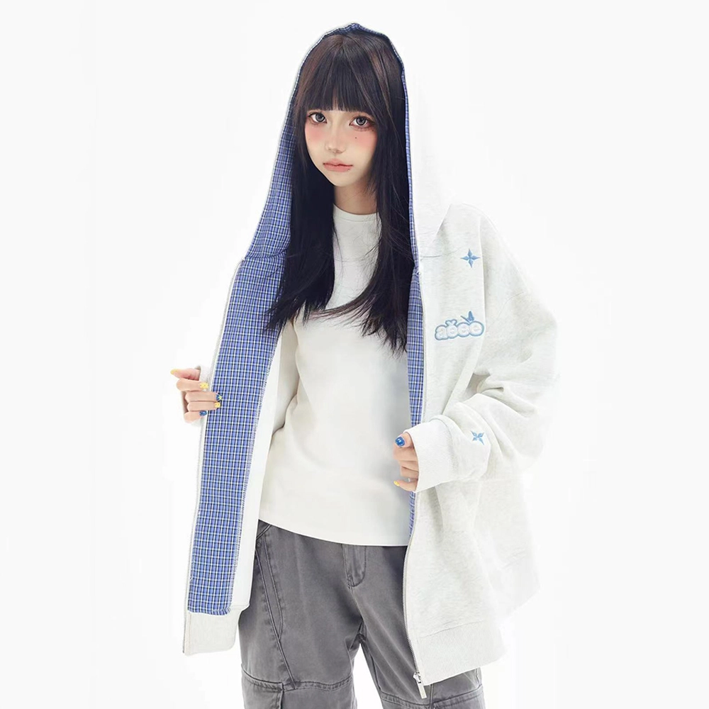 奇迹街区 美式潮牌重工字母设计感拼接条纹格子复古慵懒感百搭潮流舒适日常情侣宽松休闲开衫上衣外套拉链连帽卫衣 男女同款