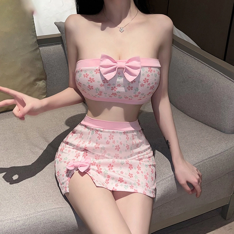 策影  情趣内衣性感抹胸蝴蝶结睡衣日系碎花激情包臀裙纯欲套装