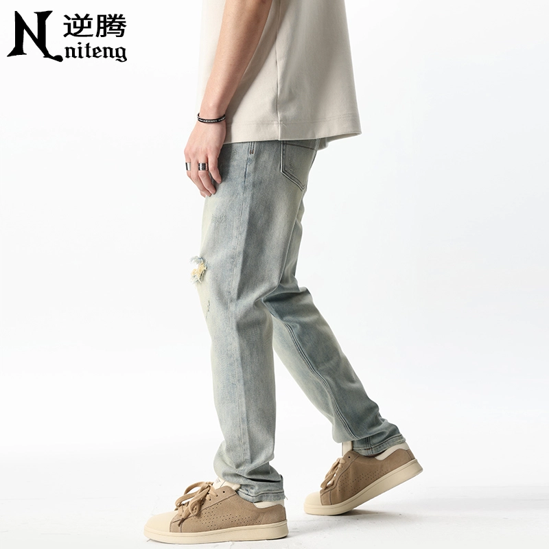 逆腾 潮牌复古破洞修身小脚弹力牛仔裤 男款
