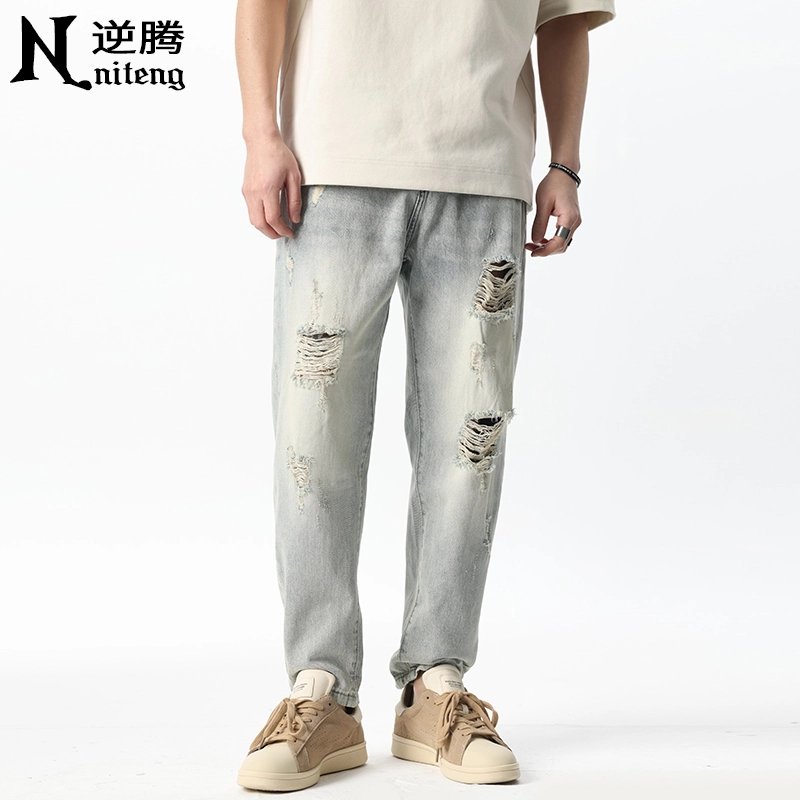 逆腾 潮牌破洞中腰宽松牛仔裤 男款 浅蓝色