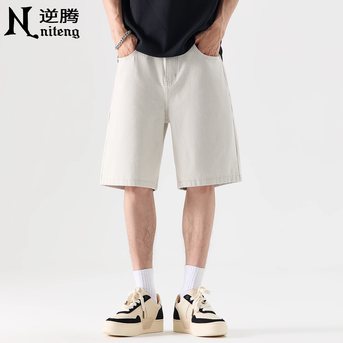 逆腾 夏季米白色中裤男潮牌美式四面弹宽松五分裤男士百搭直筒牛仔短裤 男女同款