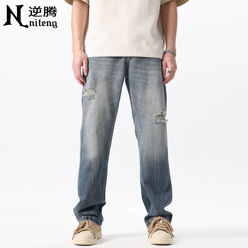 逆腾 潮牌破洞舒适百搭直筒牛仔裤 男款 蓝色