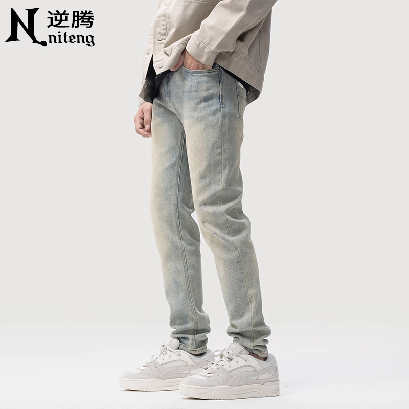 逆腾 潮牌复古修身直筒小脚牛仔裤 男款