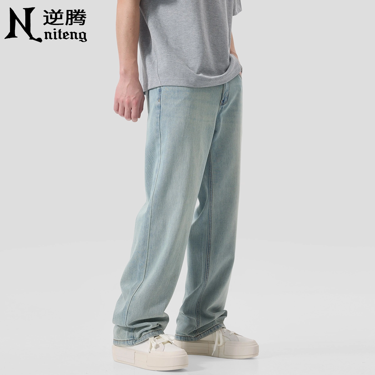 逆腾 垂感简约休闲薄款宽松直筒天丝潮牌水洗裤子牛仔裤 男款 复古蓝