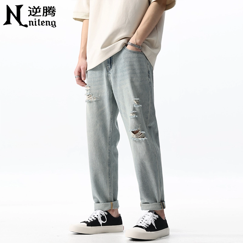 逆腾 潮牌破洞浅色锥形九分牛仔裤 男款 浅蓝色