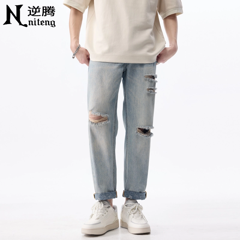 逆腾 潮牌百搭时尚直筒牛仔裤 男款 浅蓝色