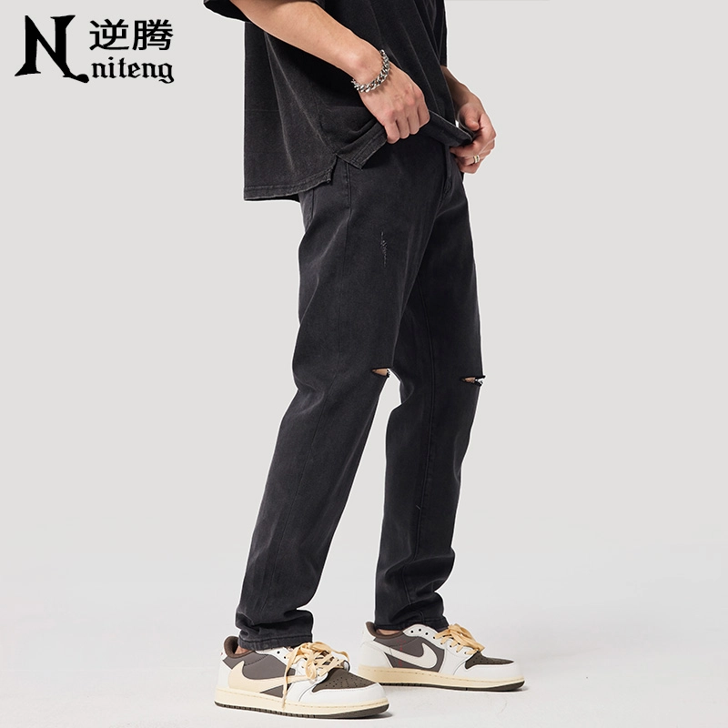 逆腾 美式一字破洞修身潮牌高街水洗直筒牛仔裤 男款