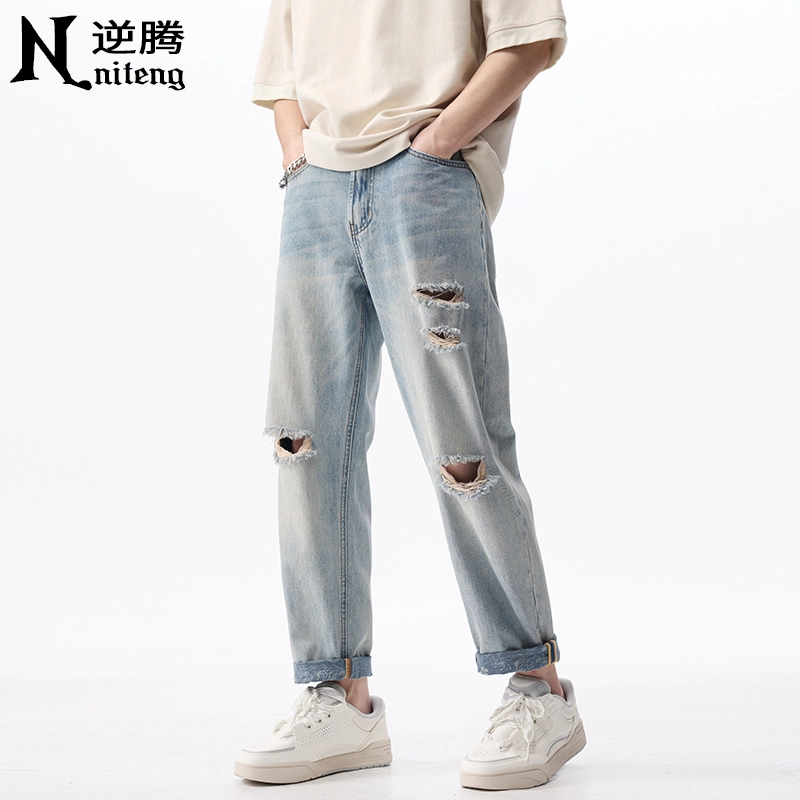 逆腾 潮牌百搭时尚直筒牛仔裤 男款 浅蓝色