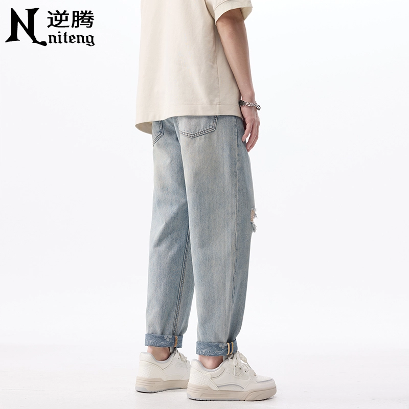 逆腾 潮牌百搭时尚直筒牛仔裤 男款 浅蓝色