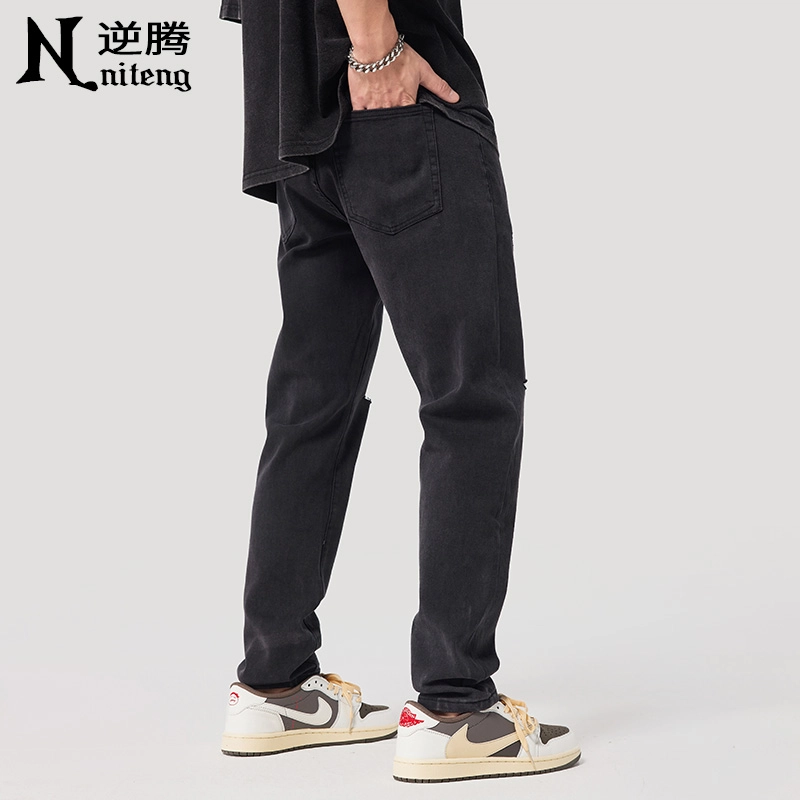 逆腾 美式一字破洞修身潮牌高街水洗直筒牛仔裤 男款