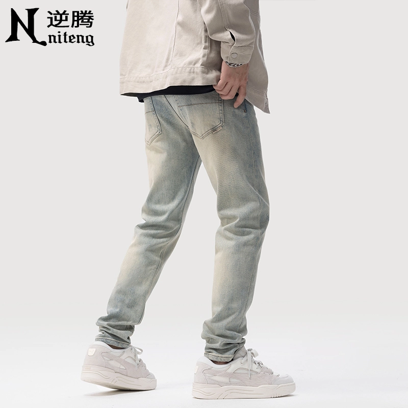 逆腾 潮牌复古修身直筒小脚牛仔裤 男款