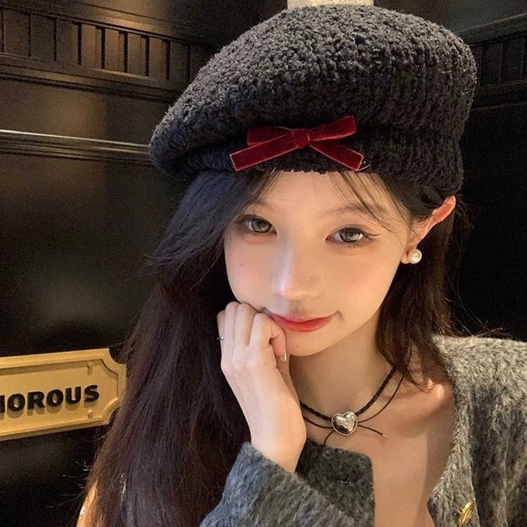 杨同学 甜美蝴蝶结画家帽显脸小 腈纶 贝雷帽 女款 白色/黑色/卡其