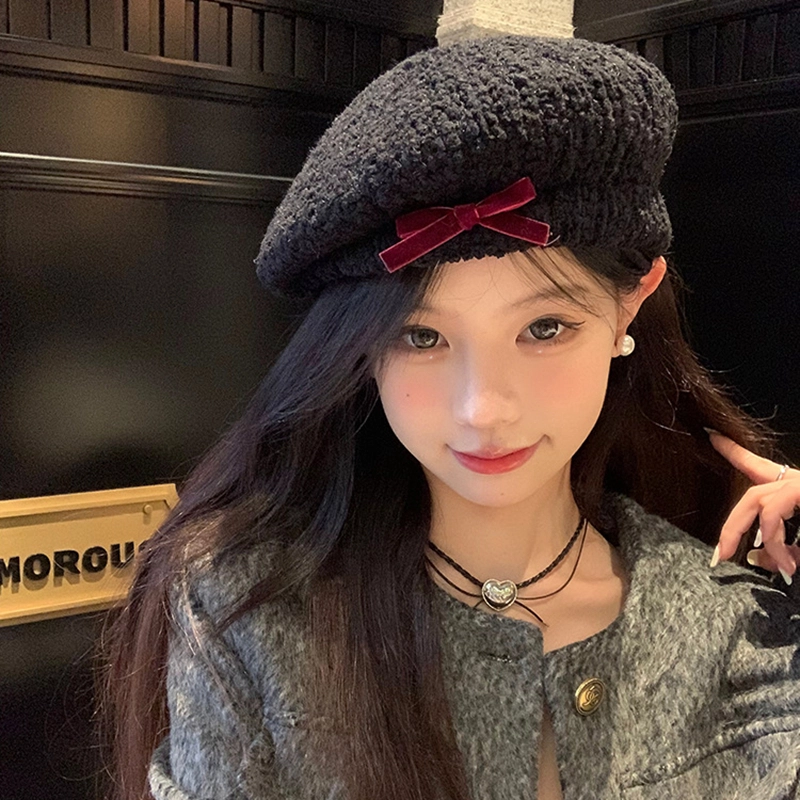 杨同学 甜美蝴蝶结画家帽显脸小 腈纶 贝雷帽 女款 白色/黑色/卡其