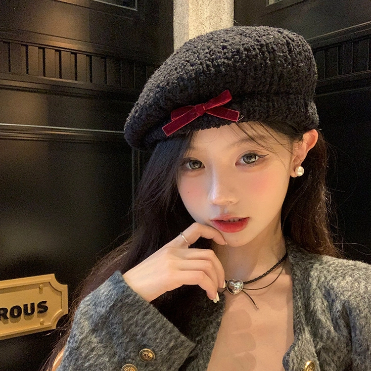 杨同学 甜美蝴蝶结画家帽显脸小 腈纶 贝雷帽 女款 白色/黑色/卡其
