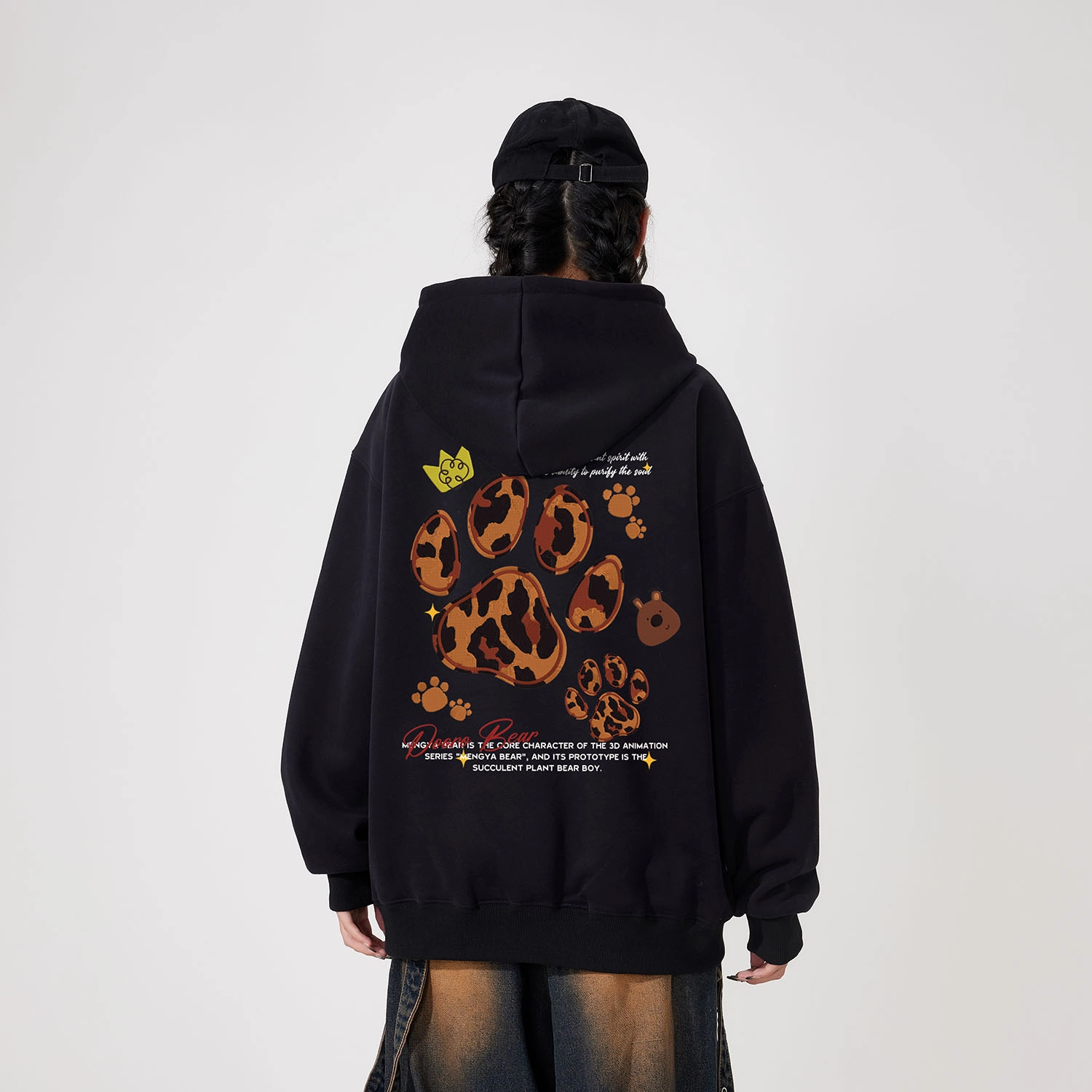 萌芽熊 萌芽熊美式休闲可爱动物豹纹爪印字母数字印花宽松舒适长袖连帽卫衣 男女同款