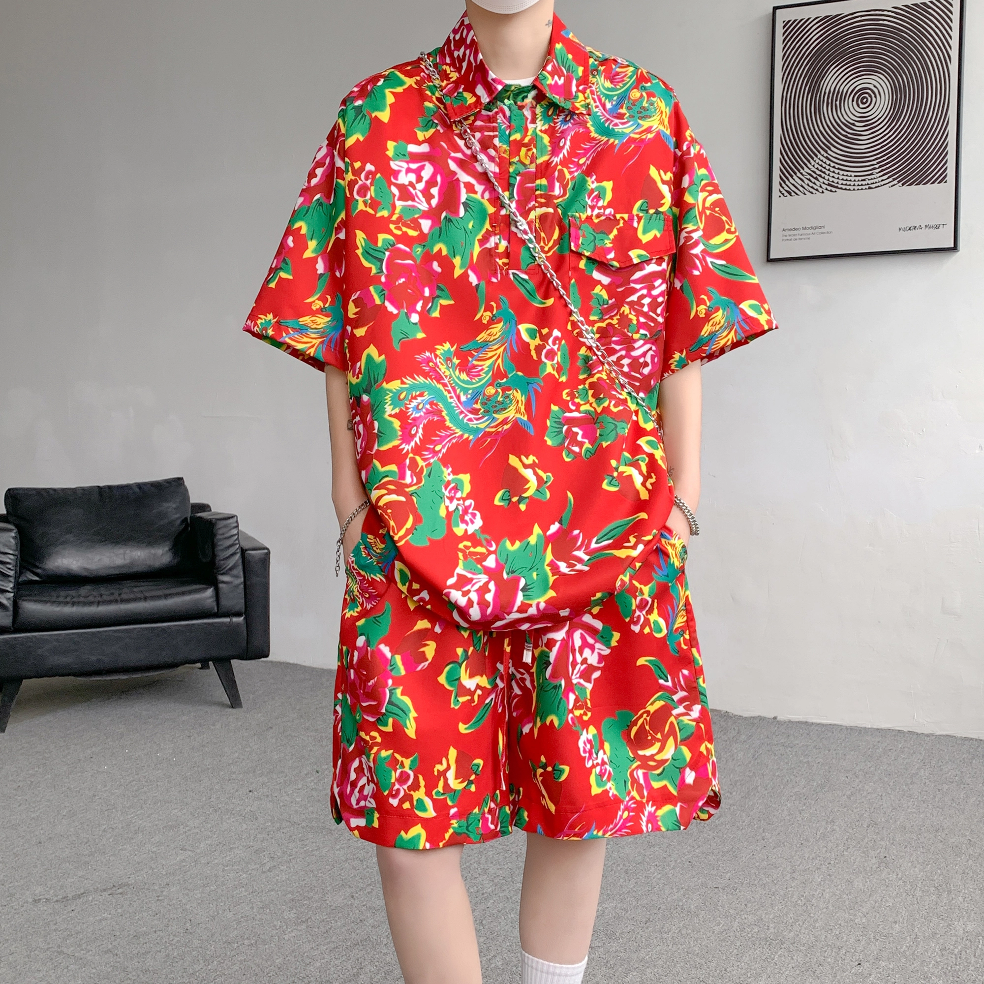 零氏 东北大花风格痞帅速干服饰衣大码宽松薄款五分裤痞帅翻领短袖休闲运动套装 男女同款