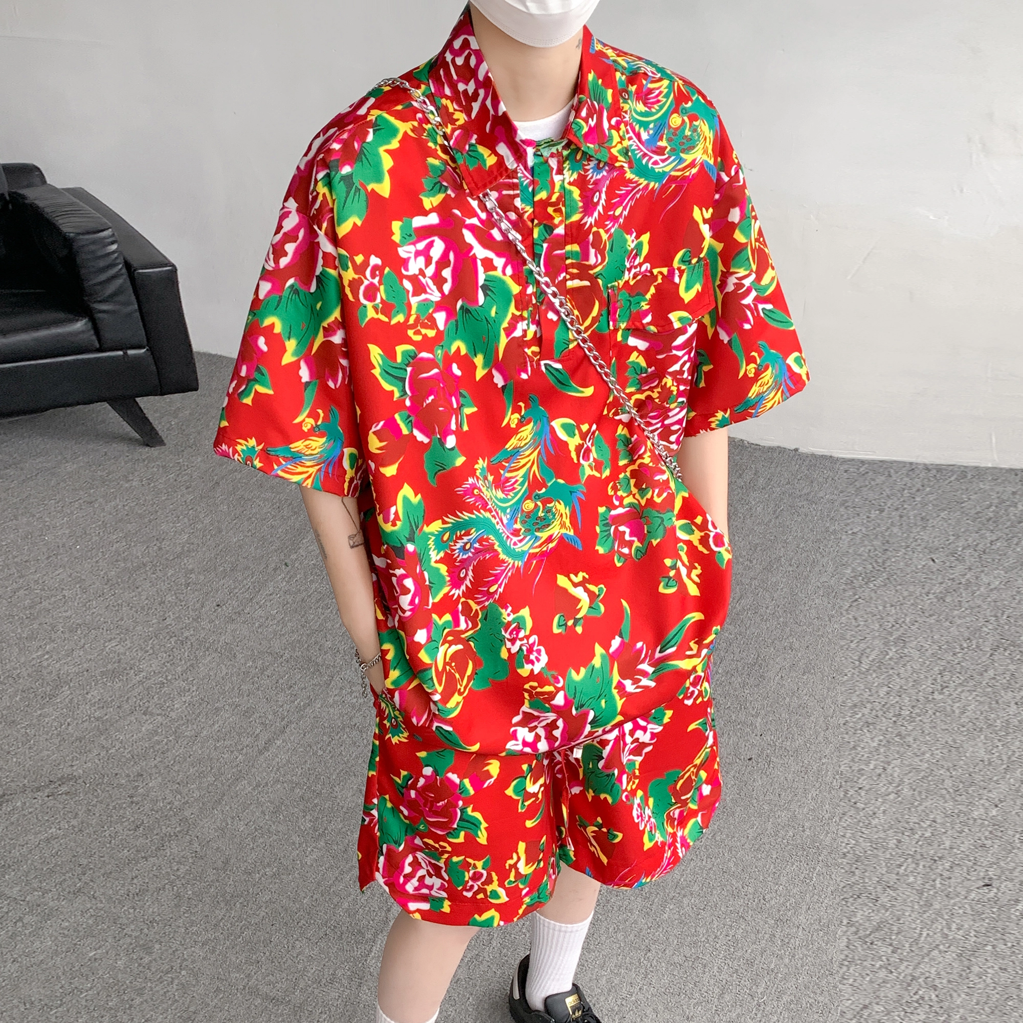 零氏 东北大花风格痞帅速干服饰衣大码宽松薄款五分裤痞帅翻领短袖休闲运动套装 男女同款