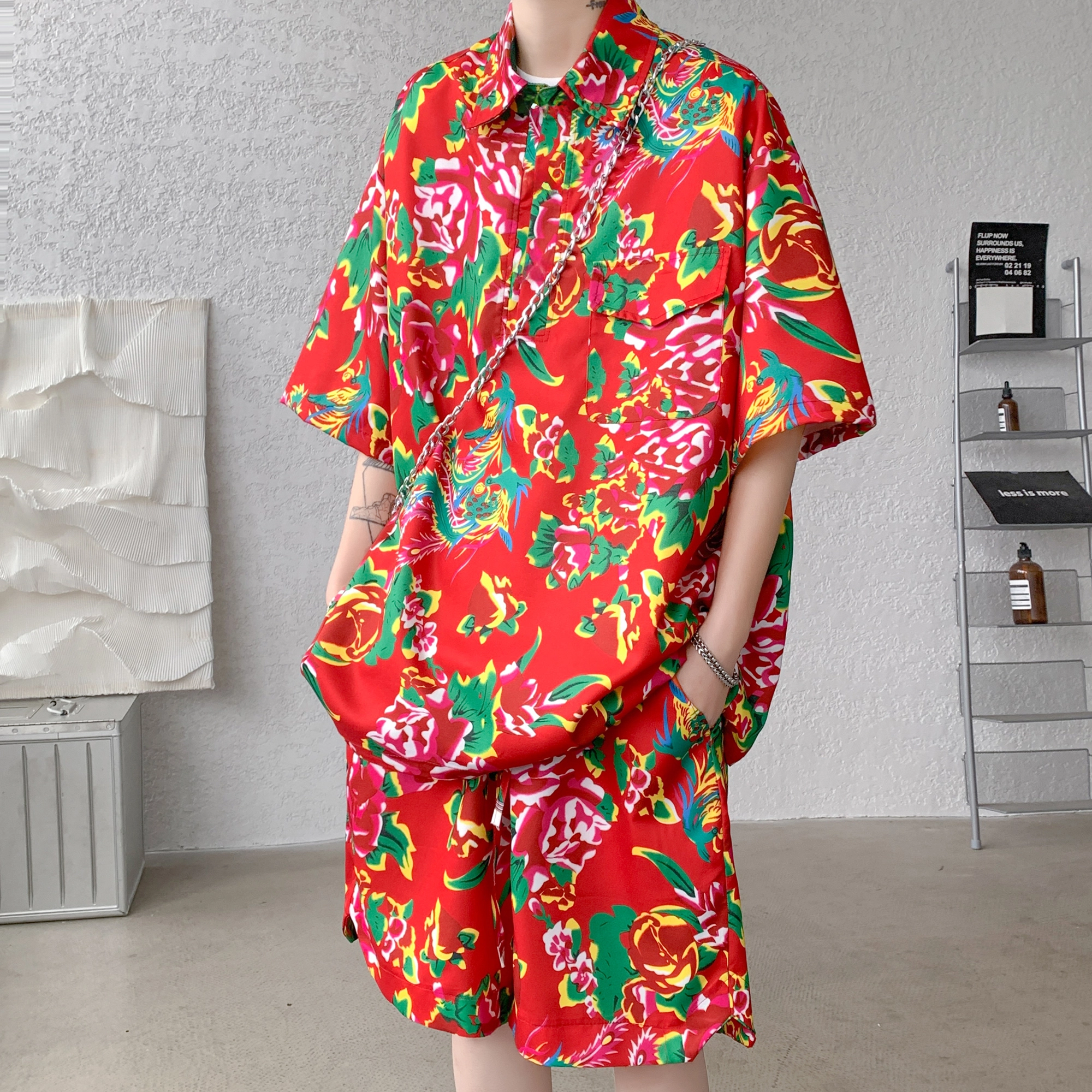 零氏 东北大花风格痞帅速干服饰衣大码宽松薄款五分裤痞帅翻领短袖休闲运动套装 男女同款