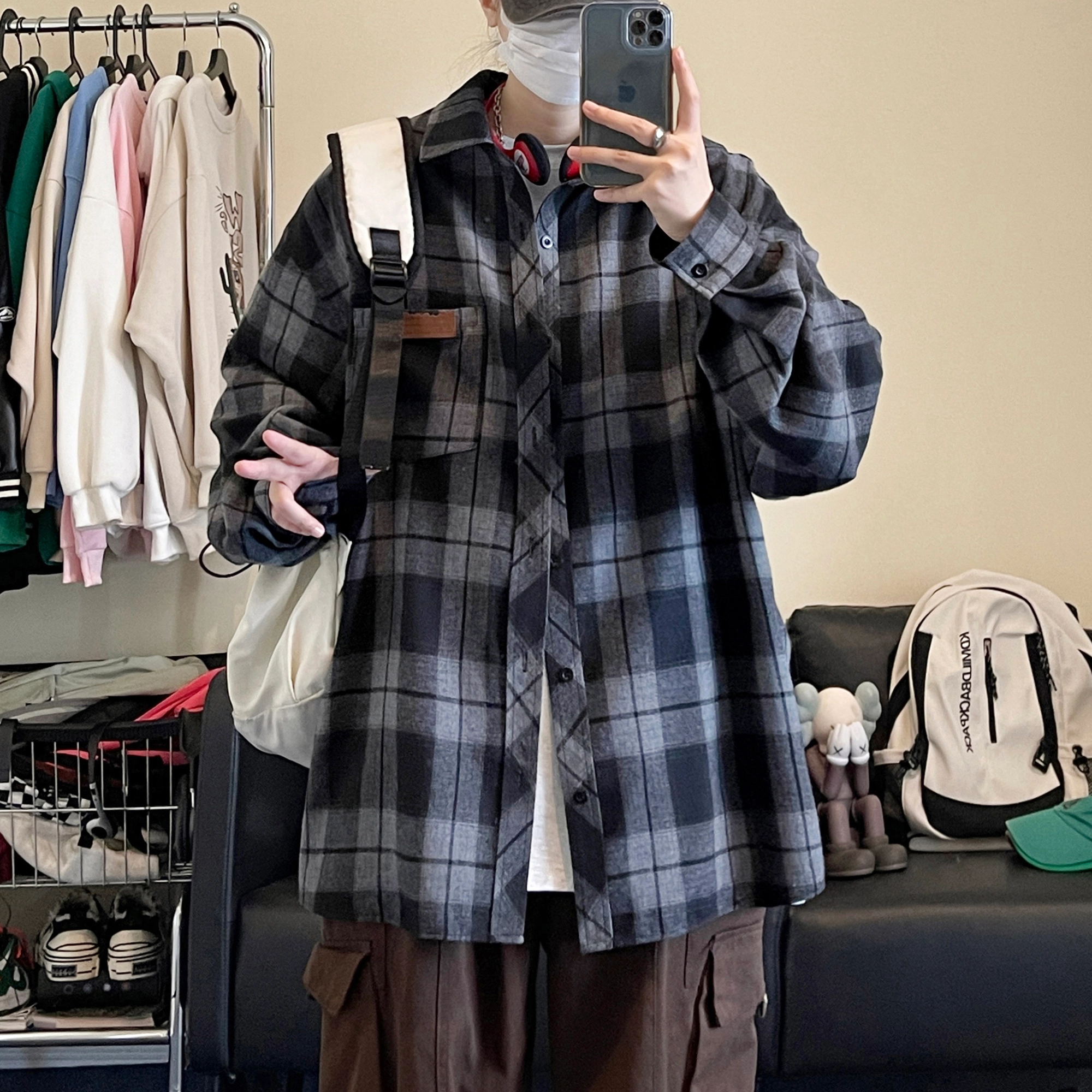 北欧攻略 美式复古潮流格子拼接撞色宽松大码显瘦松弛感衬衣外套外穿内搭叠穿休闲通勤早秋长袖衬衫 男女同款