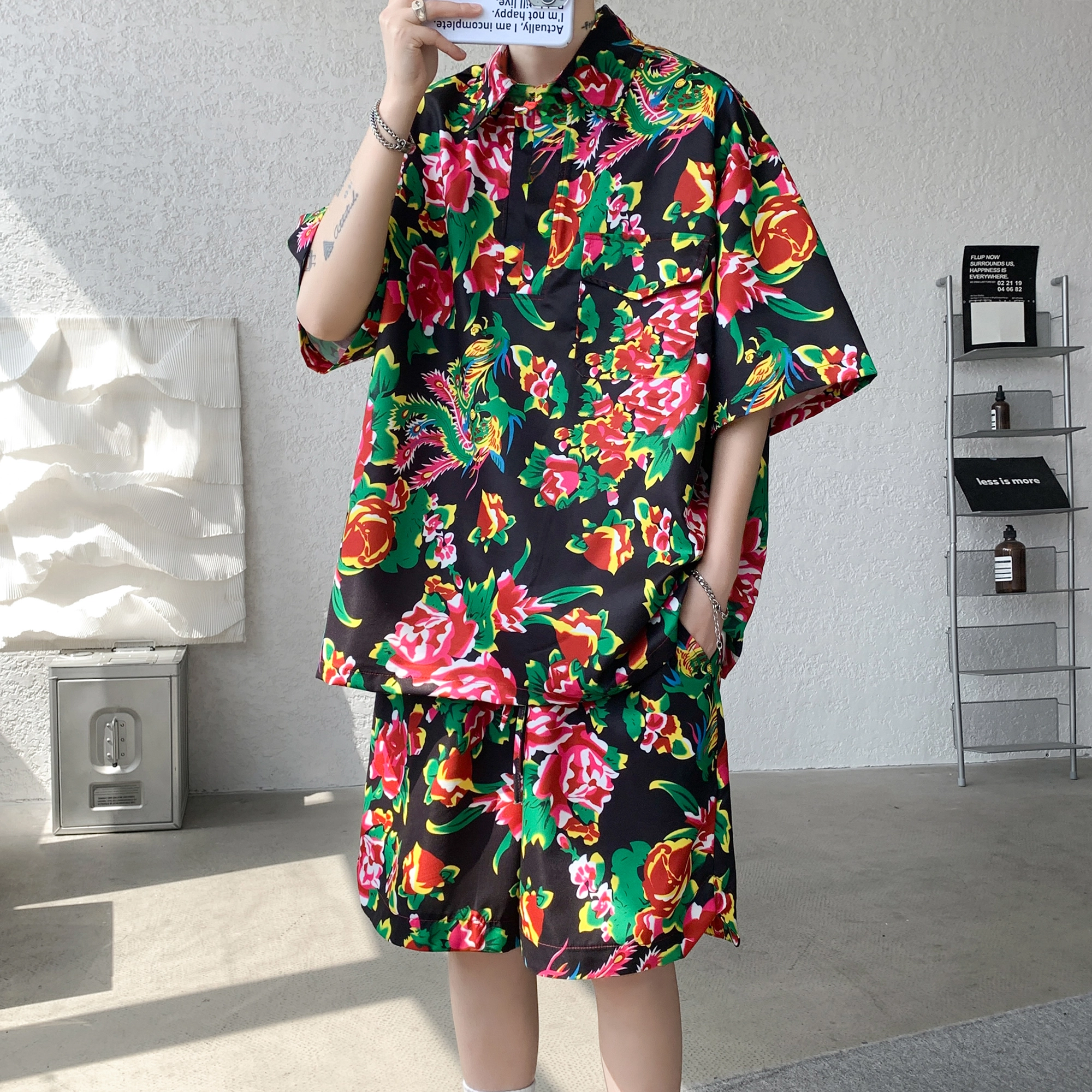 零氏 东北大花风格痞帅速干服饰衣大码宽松薄款五分裤痞帅翻领短袖休闲运动套装 男女同款