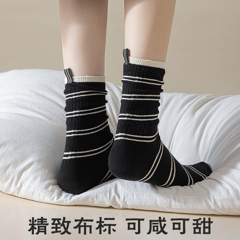 波波女神 经典条纹复古高弹舒适透气轻盈亲肤柔软运动吸汗个性简约休闲中筒袜 男女同款 组合装