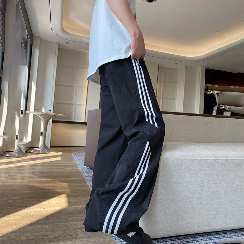 宾力克 美式复古条纹简约三条杠宽松无性别风日常户外通勤垂感系带速干拖地直筒 休闲裤 男女同款