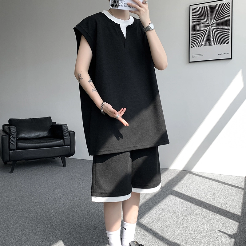 宾力克 港风纯色华夫格假两件小众设计高级肌理感时尚潮牌痞帅宽松舒适清凉透气抗菌冰感无袖上衣大码直筒五分短裤休闲运动套装 男女同款