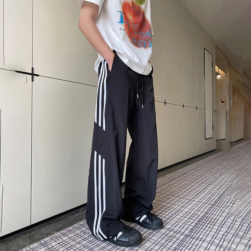 宾力克 美式复古条纹简约三条杠宽松无性别风日常户外通勤垂感系带速干拖地直筒 休闲裤 男女同款