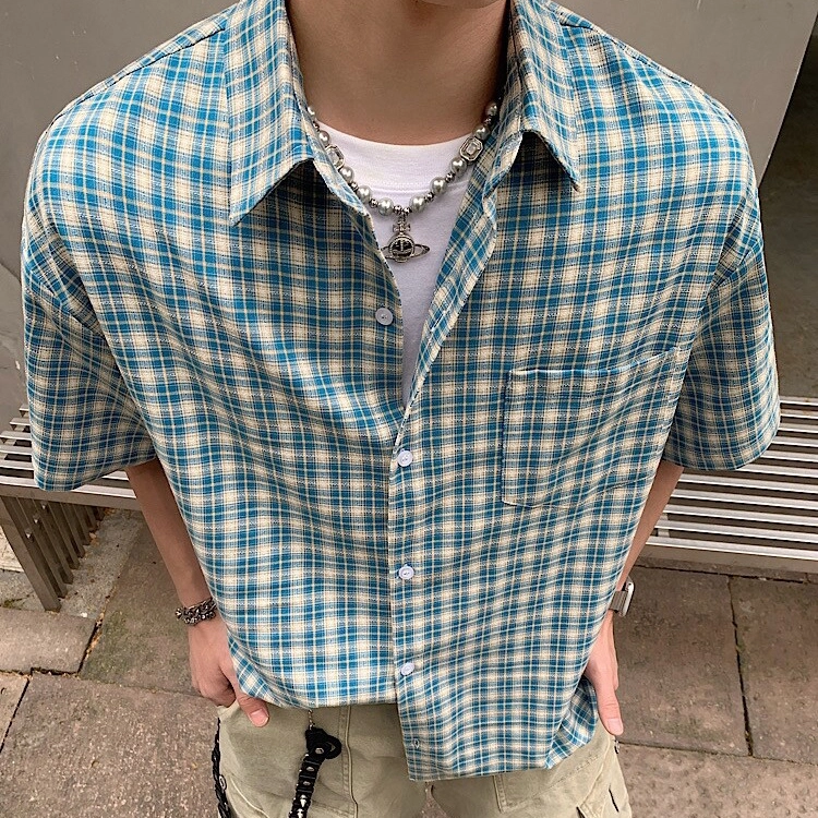 宾力克 美式复古时尚潮流翻领个性格子设计夏季薄款宽松舒适透气日常通勤酷帅短袖衬衫 男女同款