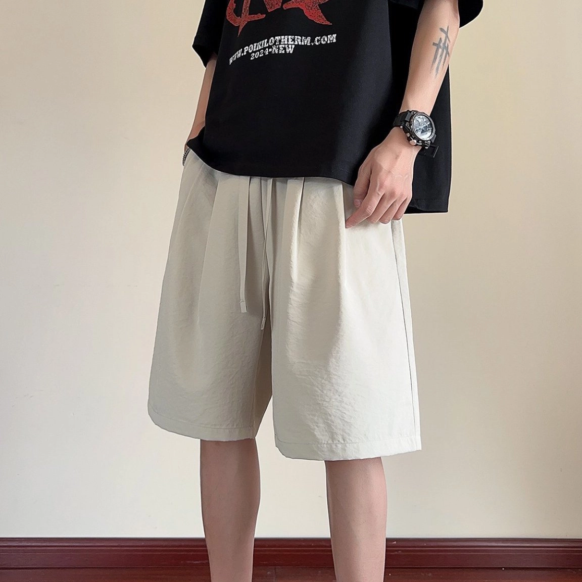 宾力克 美式高街复古简约纯色基础款五分裤潮牌宽松日常户外通勤薄款百搭运动休闲短裤 男女同款