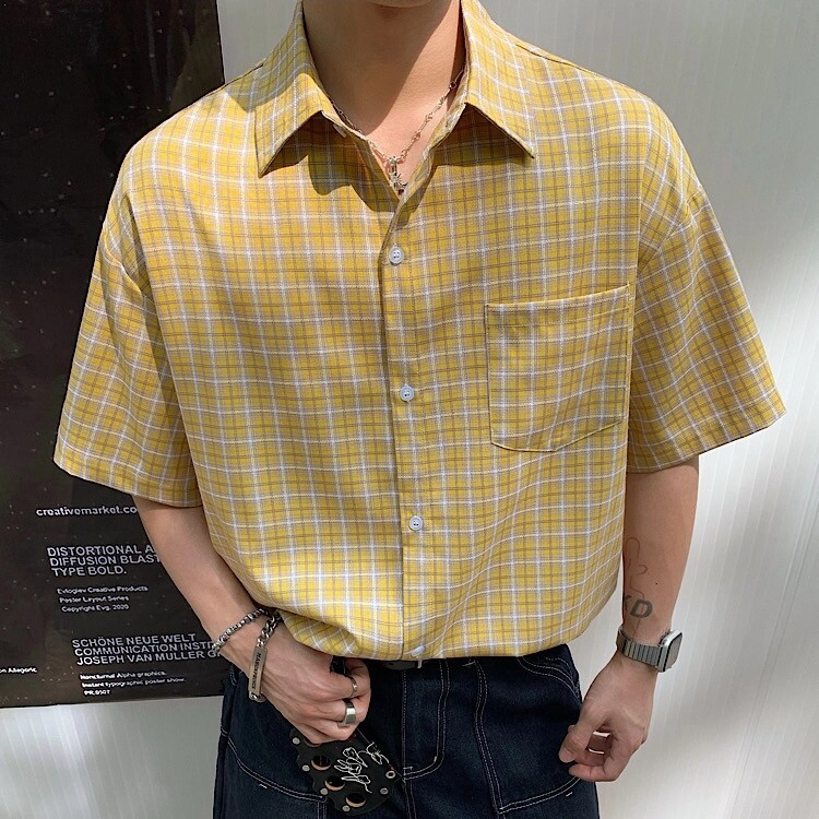 宾力克 美式复古时尚潮流翻领个性格子设计夏季薄款宽松舒适透气日常通勤酷帅短袖衬衫 男女同款