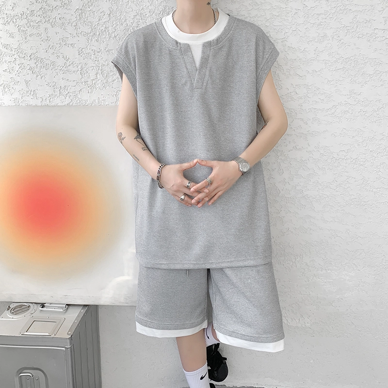 宾力克 港风纯色华夫格假两件小众设计高级肌理感时尚潮牌痞帅宽松舒适清凉透气抗菌冰感无袖上衣大码直筒五分短裤休闲运动套装 男女同款
