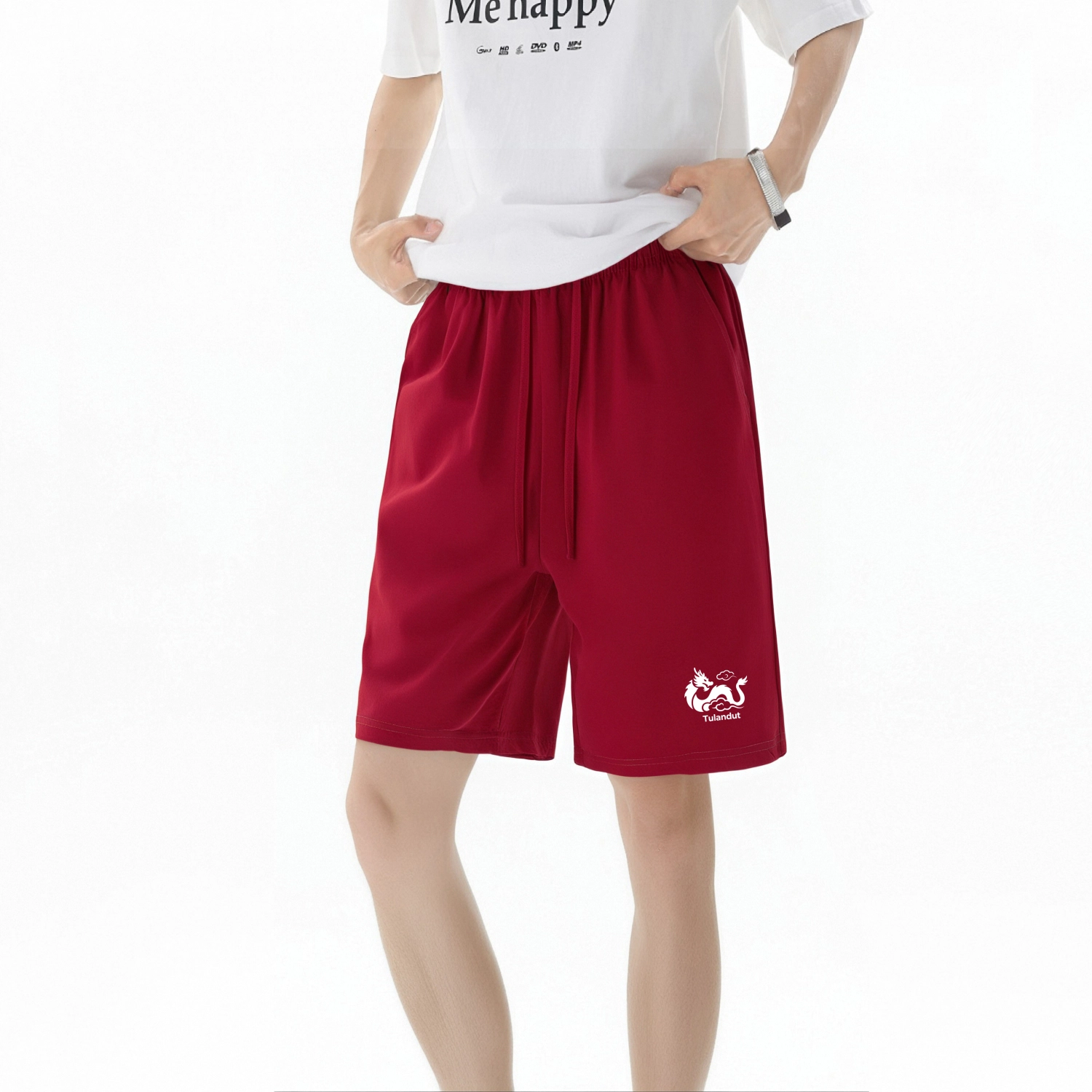 图兰朵 夏季薄款美式复古凉感基础款中国龙小图案清新高街松紧腰抽绳系带垂感柔软舒适百搭中腰显高通勤直筒休闲短裤 男女同款