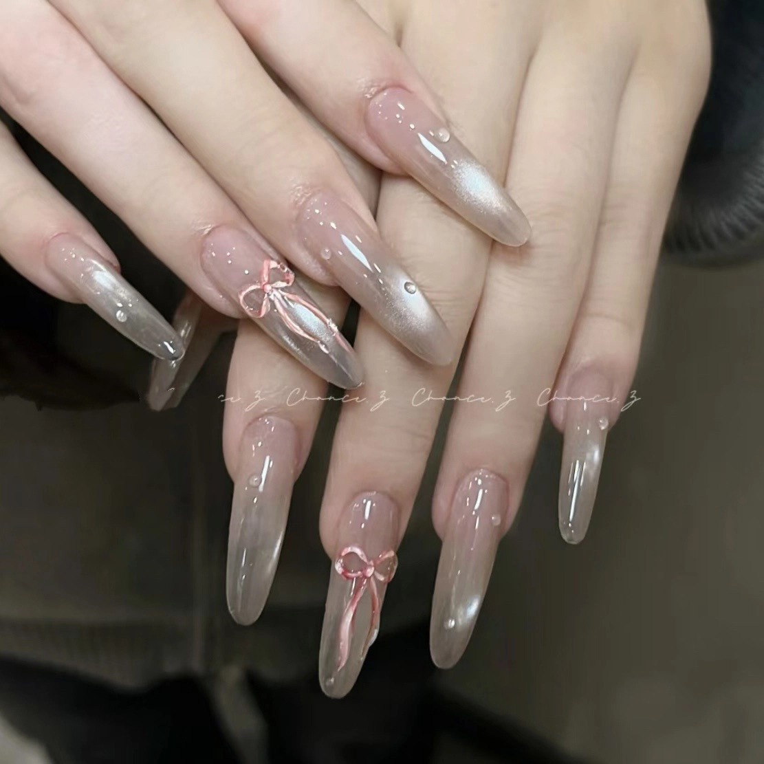 轻迎 玻璃感蝴蝶结丝带 纯欲白月光玻璃珠  穿戴甲 长款杏仁裸色晕染 猫眼