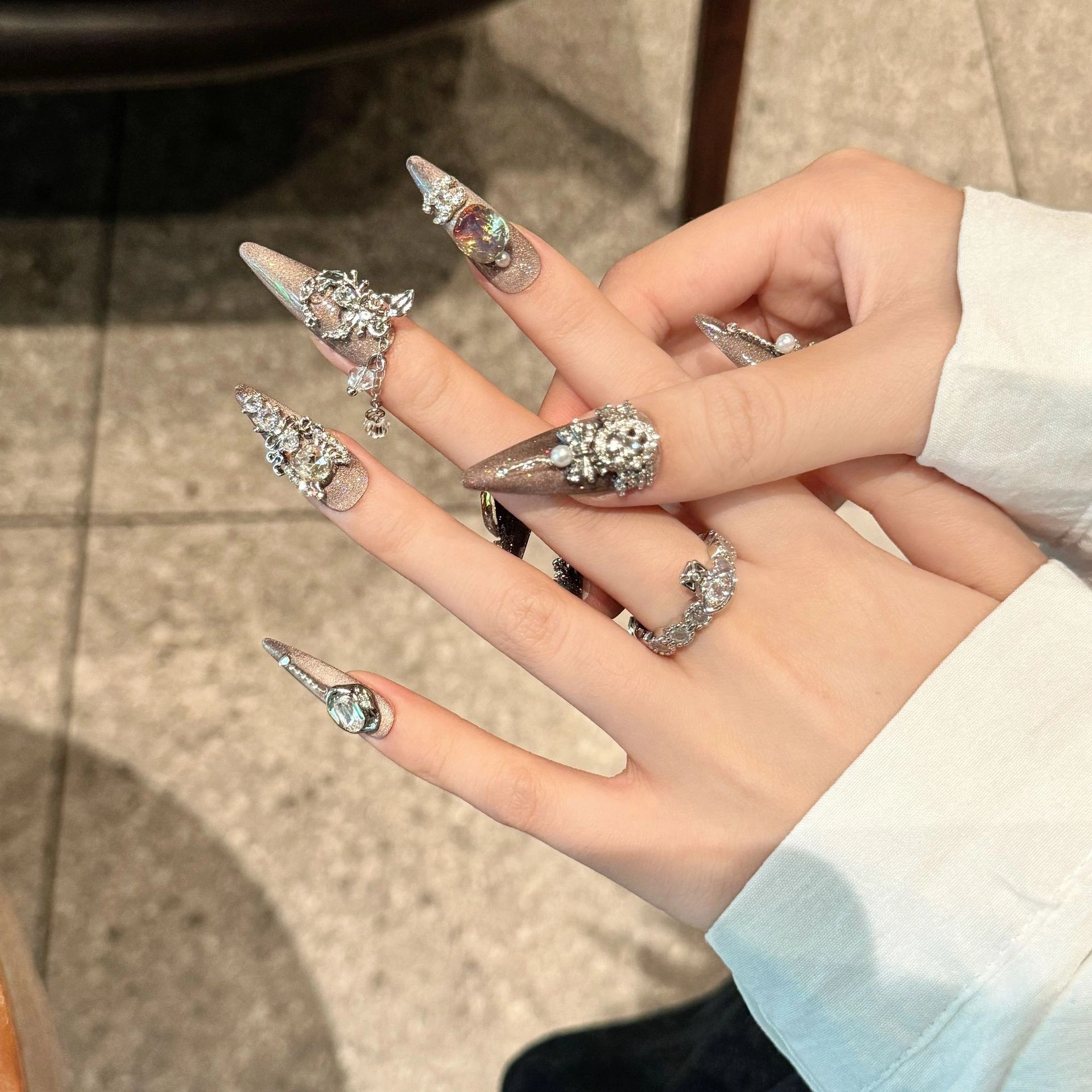 轻迎 满天星魔镜猫眼 纯手工钻满奢华  穿戴甲 尖型纯色跳色