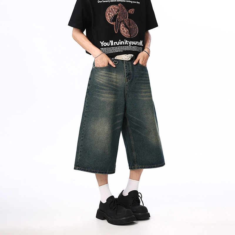帝狼牛 美式闪电纹宽松舒适百搭七分牛仔短裤 男女同款 蓝色