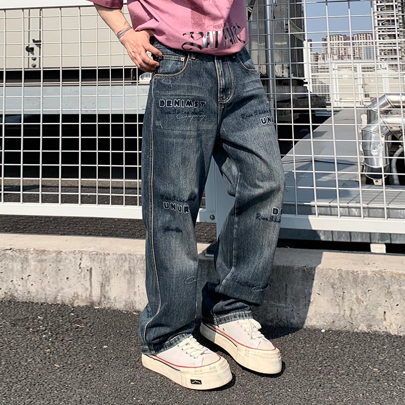 帝狼牛 做旧舒适磨白宽松刺绣字母复古水洗休闲牛仔裤 男女同款