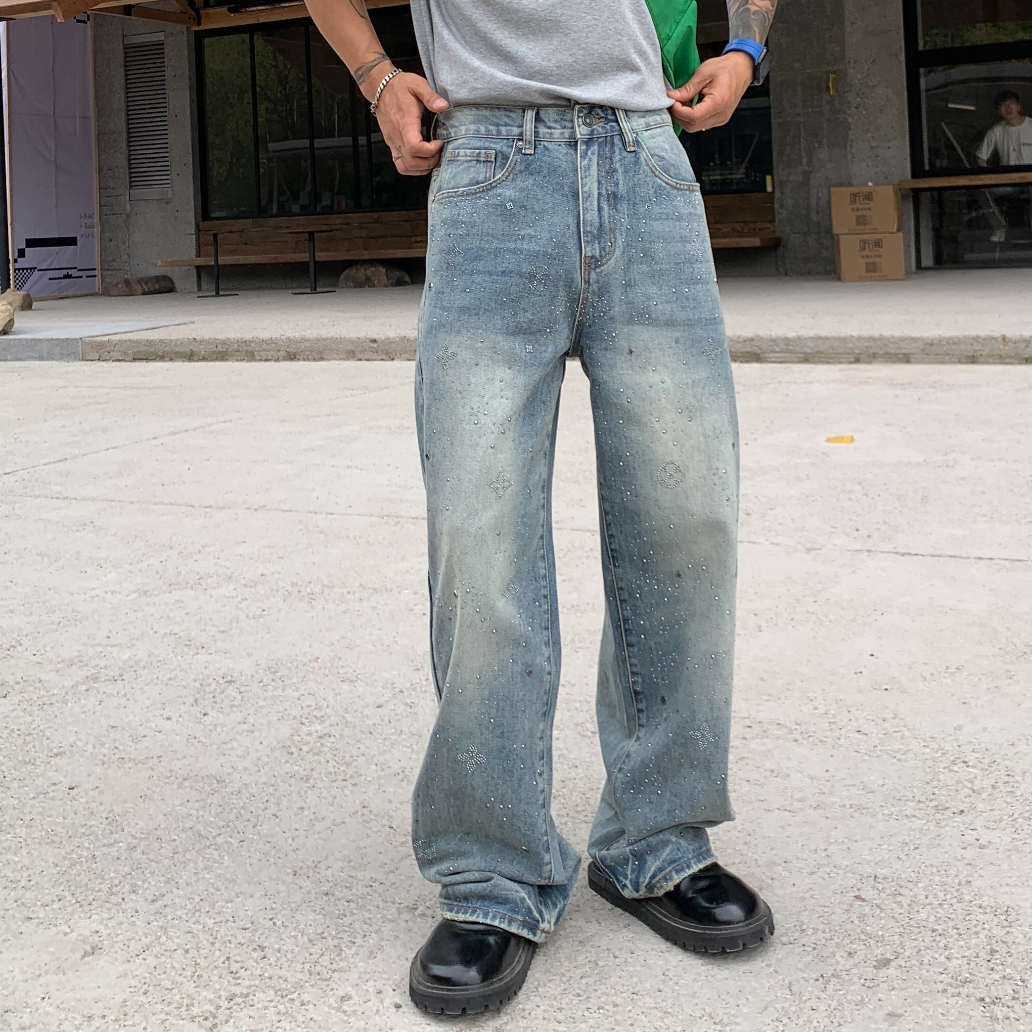 帝狼牛 美式高街复古做旧水洗镶钻设计纯色基础款阔腿裤宽松舒适裤休闲百搭牛仔裤 男女同款