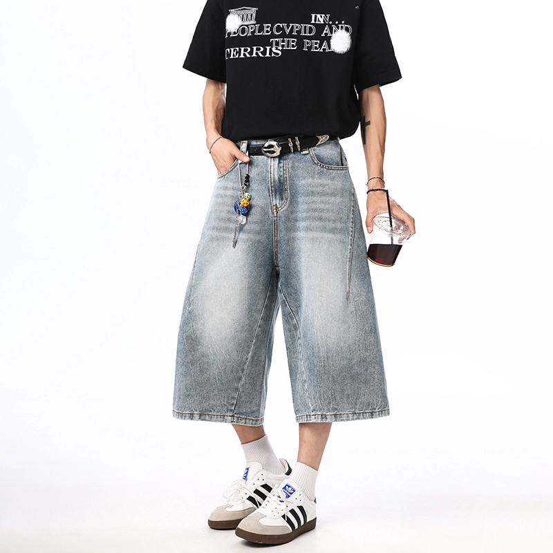 帝狼牛 美式闪电纹宽松舒适百搭七分牛仔短裤 男女同款 蓝色