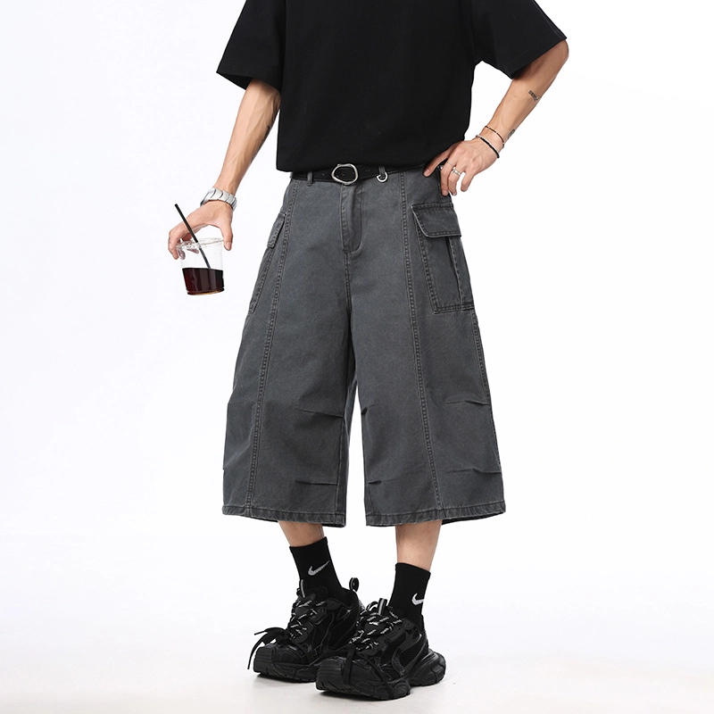 帝狼牛 美式多口袋设计水洗复古重磅纯棉透气高街潮流宽松休闲阔腿七分工装短裤 男女同款