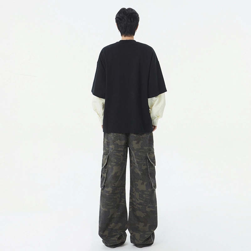 帝狼牛 美式高街迷彩多口袋休闲机能复古直筒微喇牛仔裤 男女同款