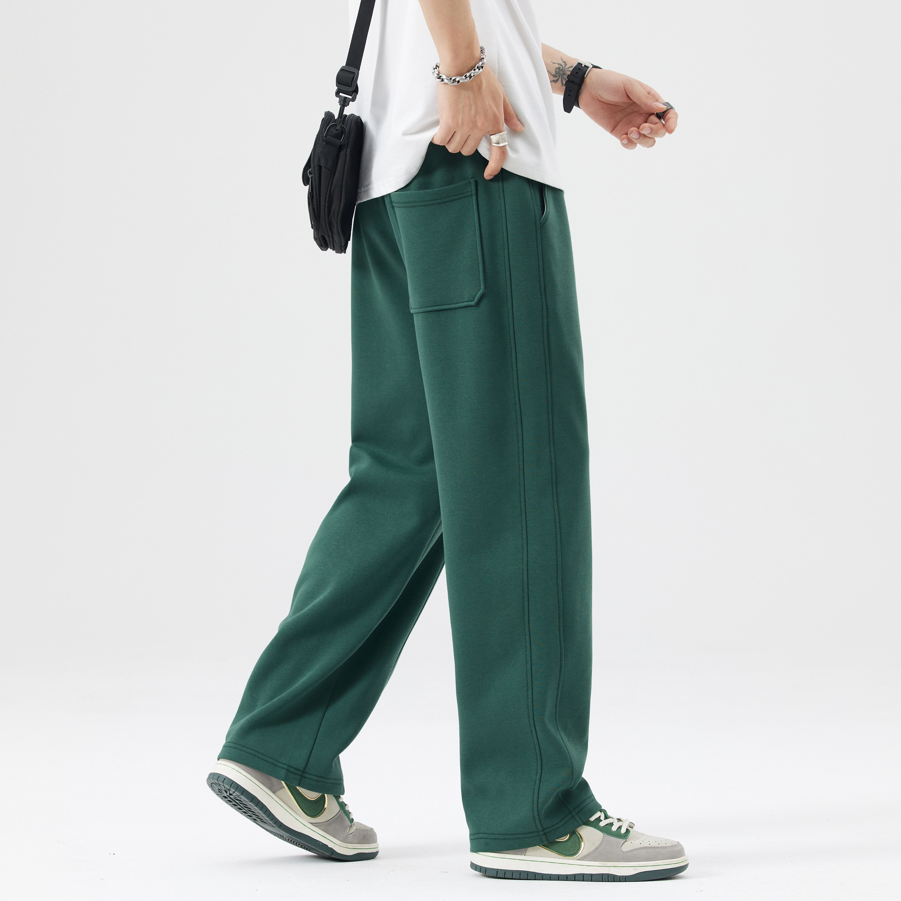 帝狼牛 简约纯色拼接潮流百搭舒适宽松直筒个性时尚运动休闲裤 男女同款