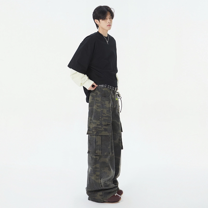 帝狼牛 美式高街迷彩多口袋休闲机能复古直筒微喇牛仔裤 男女同款