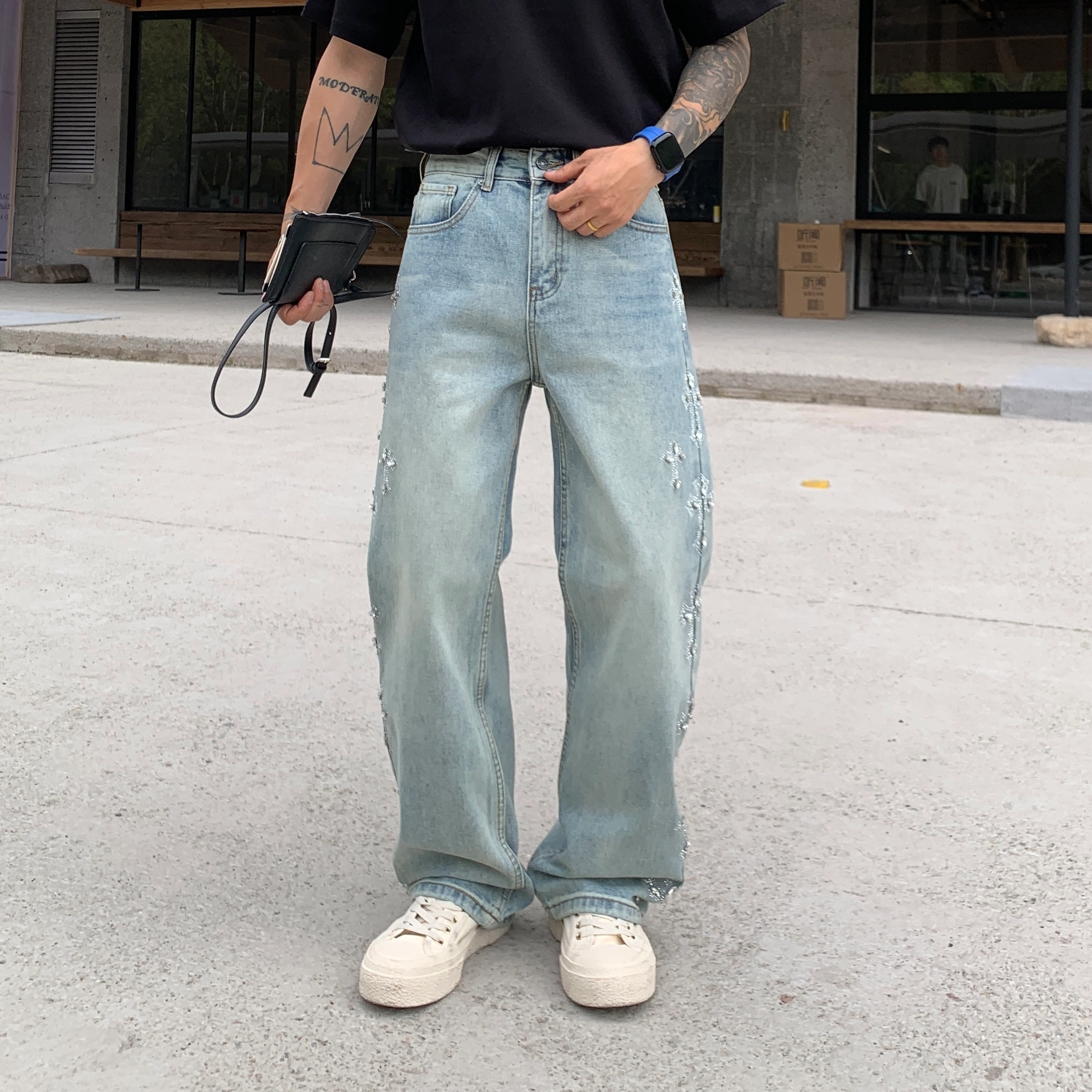 帝狼牛 美式复古高街个性做旧水洗烫钻设计感宽松阔腿简约牛仔裤 男女同款