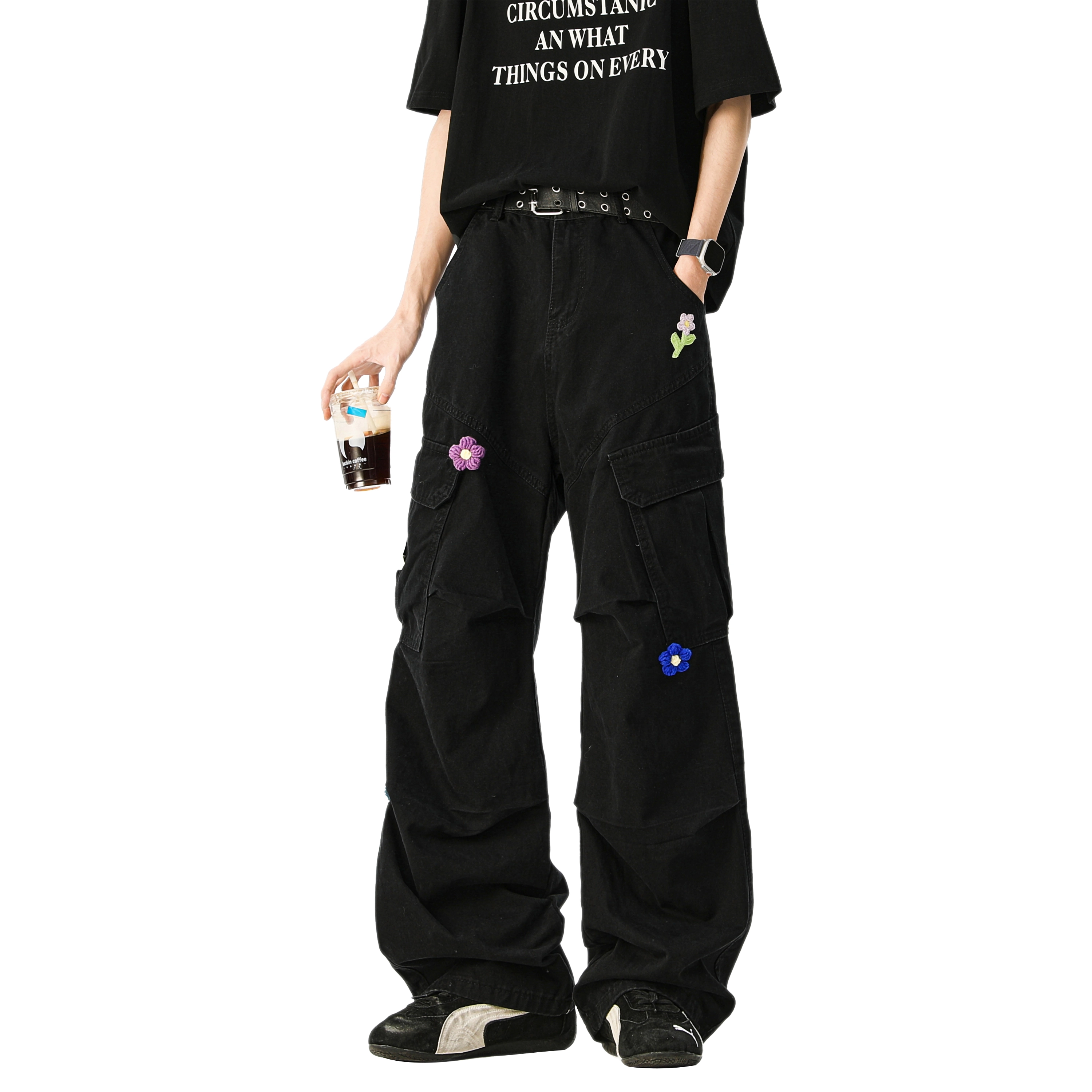 帝狼牛 美式复古高街小花大口袋工装运动时尚日常通勒小众垂感拖地阔腿柔软简约舒适中腰宽松休闲裤 男女同款