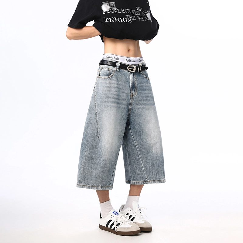 帝狼牛 美式闪电纹宽松舒适百搭七分牛仔短裤 男女同款 蓝色
