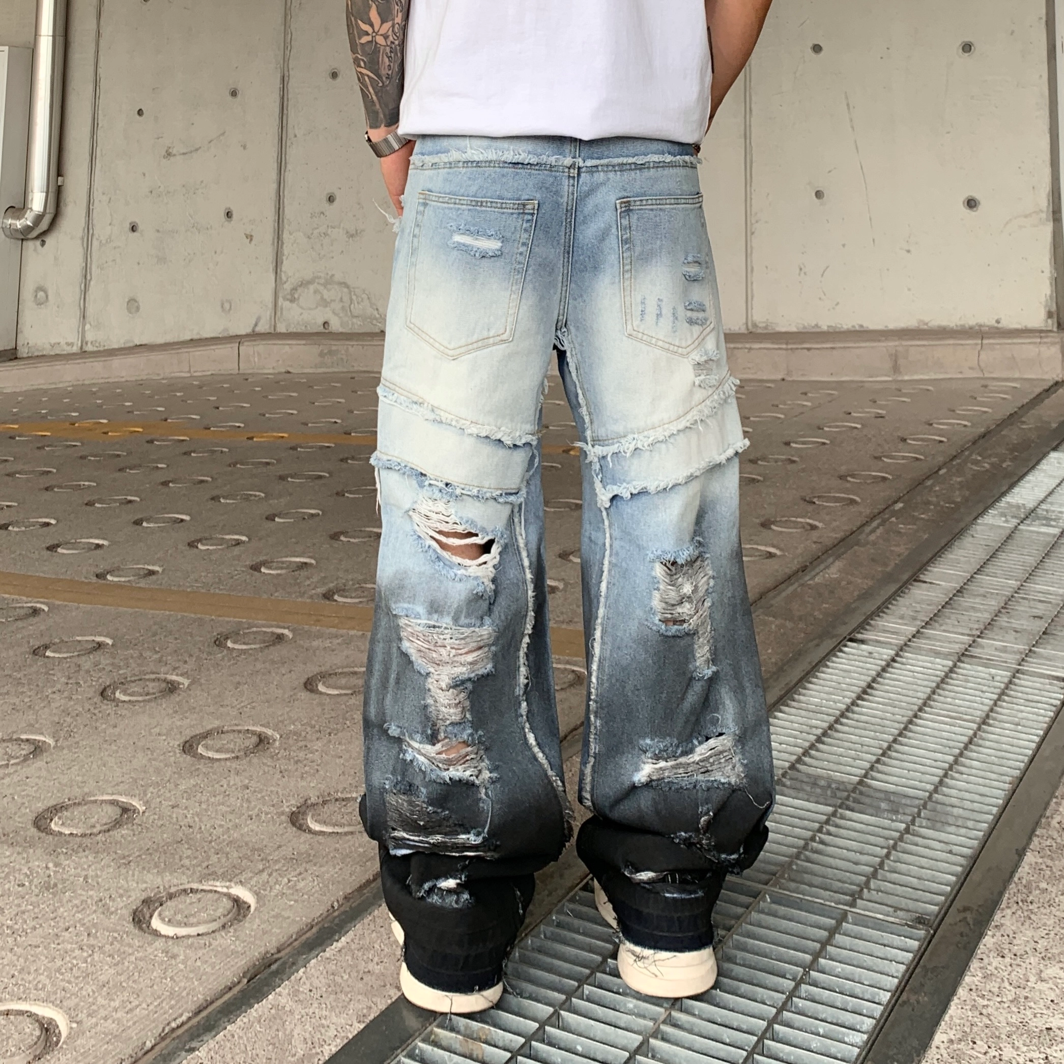 帝狼牛 美式复古渐变拼色破洞裤夏季水洗高街小众宽松直筒长裤牛仔裤 男女同款
