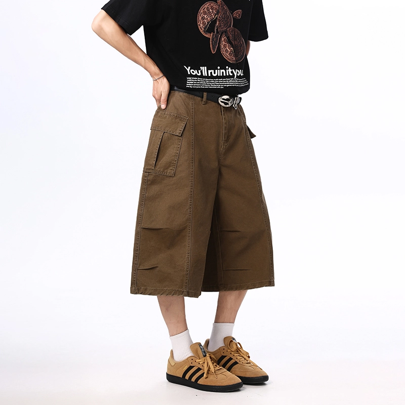 帝狼牛 美式多口袋设计水洗复古重磅纯棉透气高街潮流宽松休闲阔腿七分工装短裤 男女同款