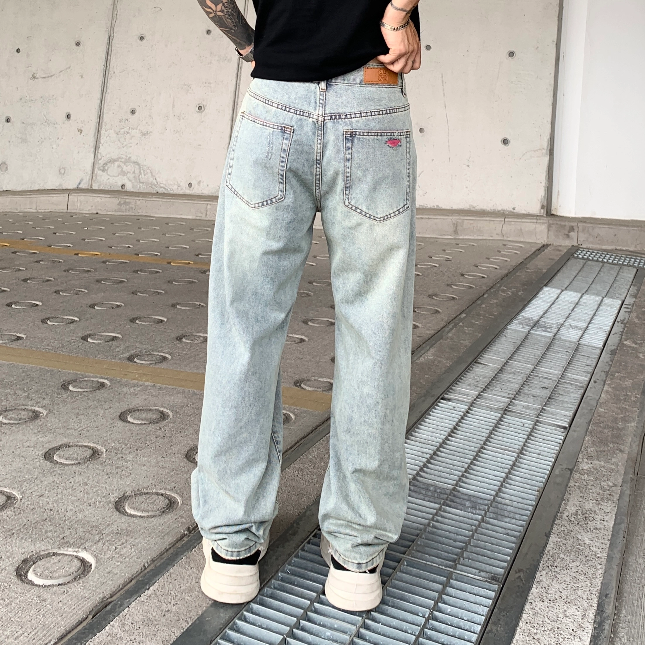 帝狼牛 美式高街复古水洗做旧破洞磨破宽松酷帅百搭慵懒风撞色直筒休闲时尚牛仔裤 男女同款