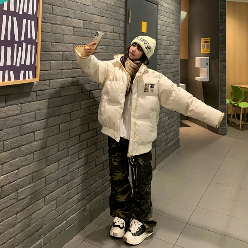 棉基因 潮流美式撞色编织重工刺绣小众设计面包服宽松情侣款学院风保暖防寒加厚立领棉衣外套舒适百搭棉服 男女同款